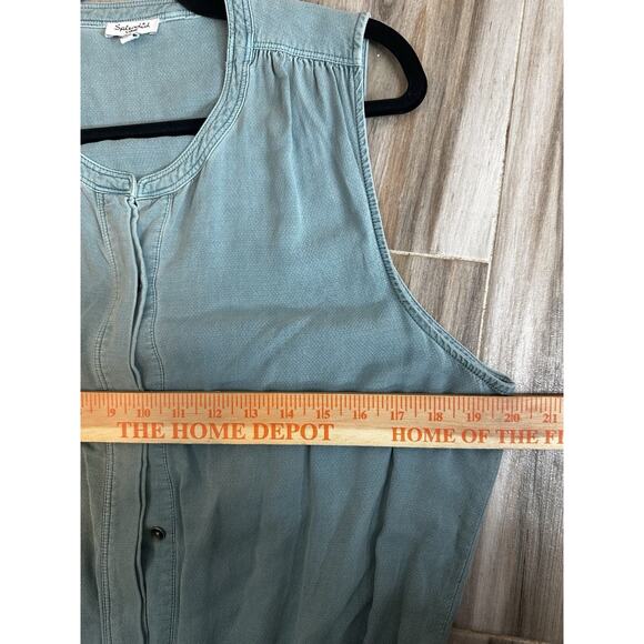 Splendid Chambray Jumpsuit L Medium green Indigo Drawstring Waist Pocket Tapered - Picture 8 of 11